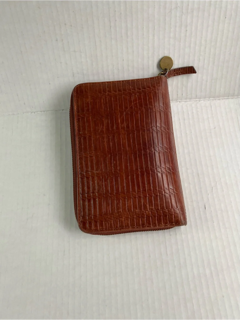 RIP CURL Brown Woven Leather Zip Around Wallet RFID Palm Tree Lined - Picture 9 of 10